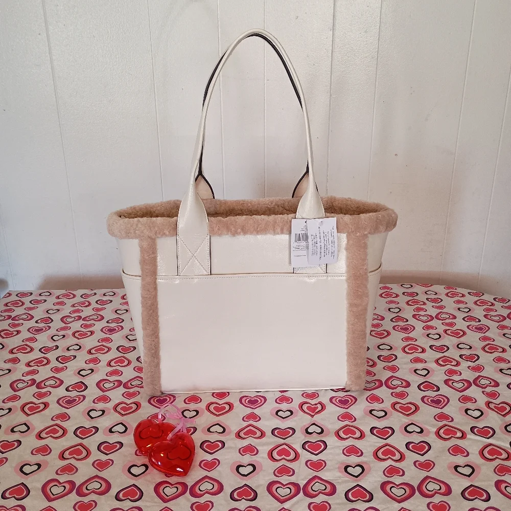 SOLD- NWT Kate Spade Meringue Cream White Jett Shearling Trim Large Tote Purse - Picture 5 of 16